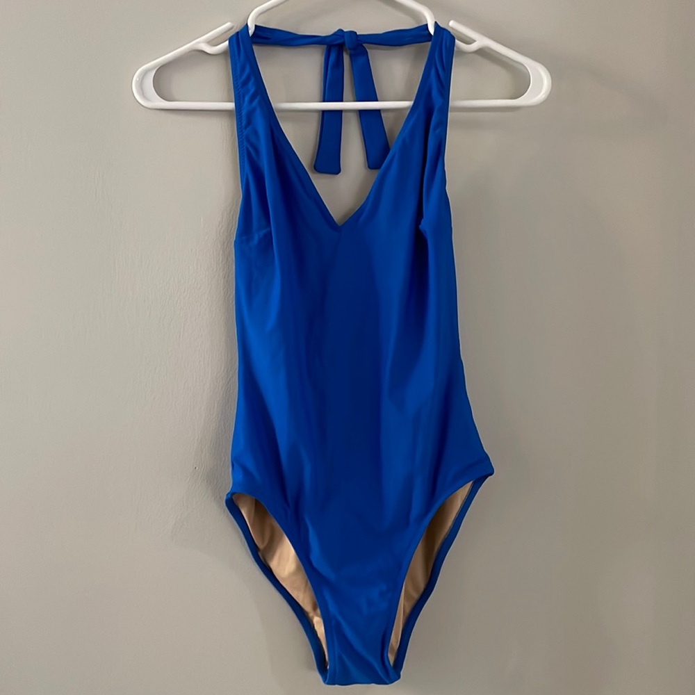 JCREW - blue halter one piece swimsuit.
